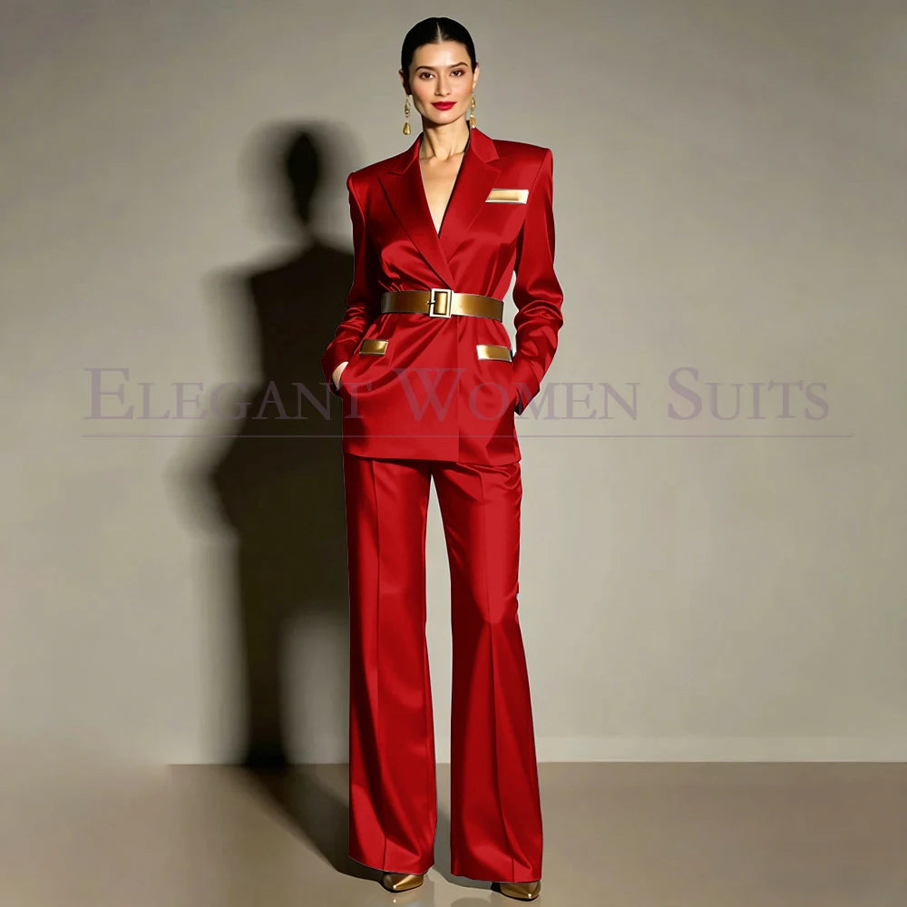 Evening Women's Suits Luxury Belt 2 Piece Jacket Pants Formal Party Regular Length Female Clothing High Quality Outfits