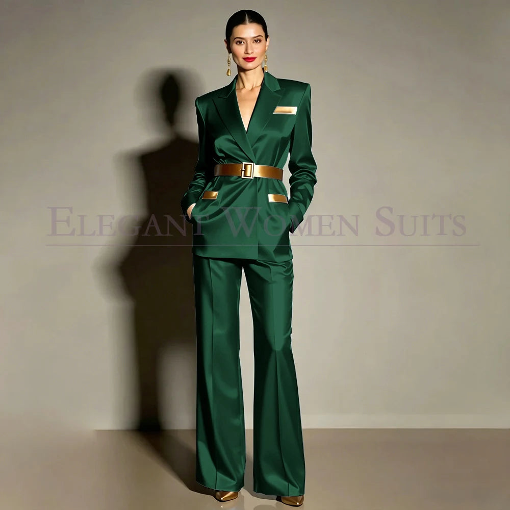 Evening Women's Suits Luxury Belt 2 Piece Jacket Pants Formal Party Regular Length Female Clothing High Quality Outfits