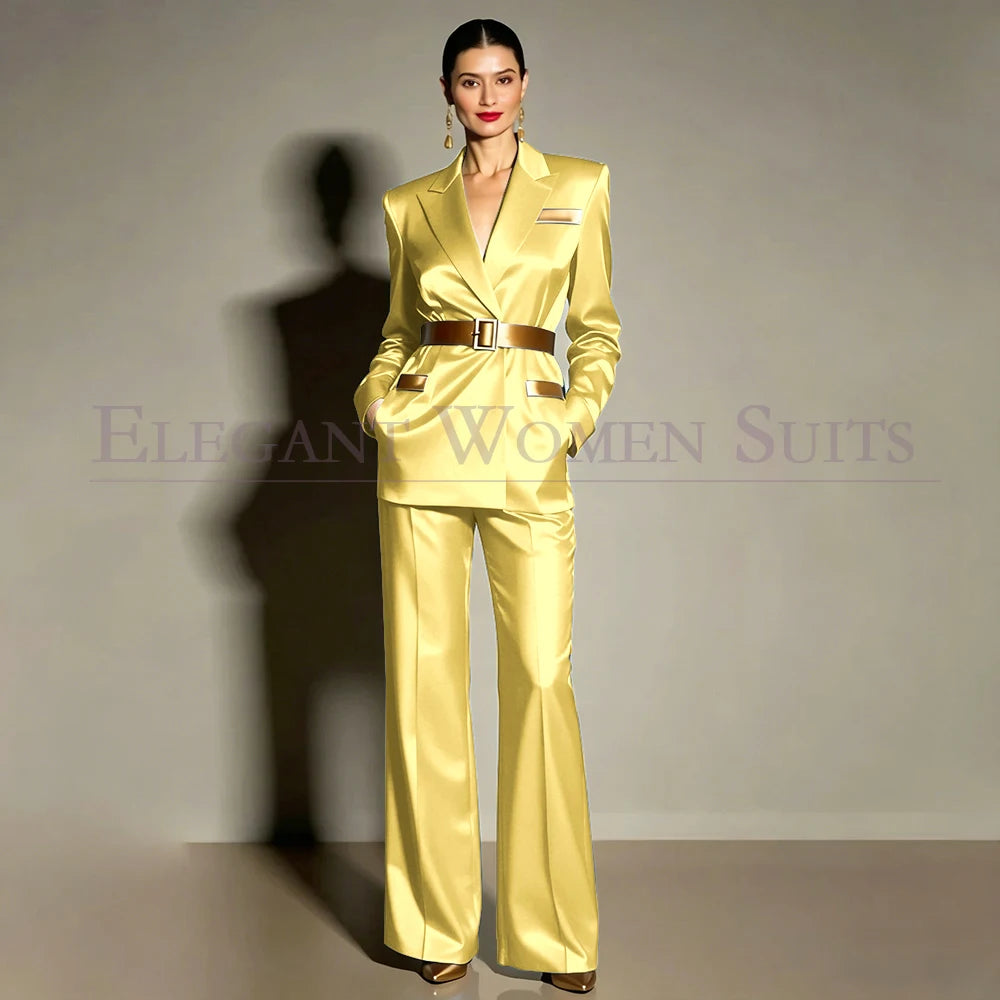 Evening Women's Suits Luxury Belt 2 Piece Jacket Pants Formal Party Regular Length Female Clothing High Quality Outfits