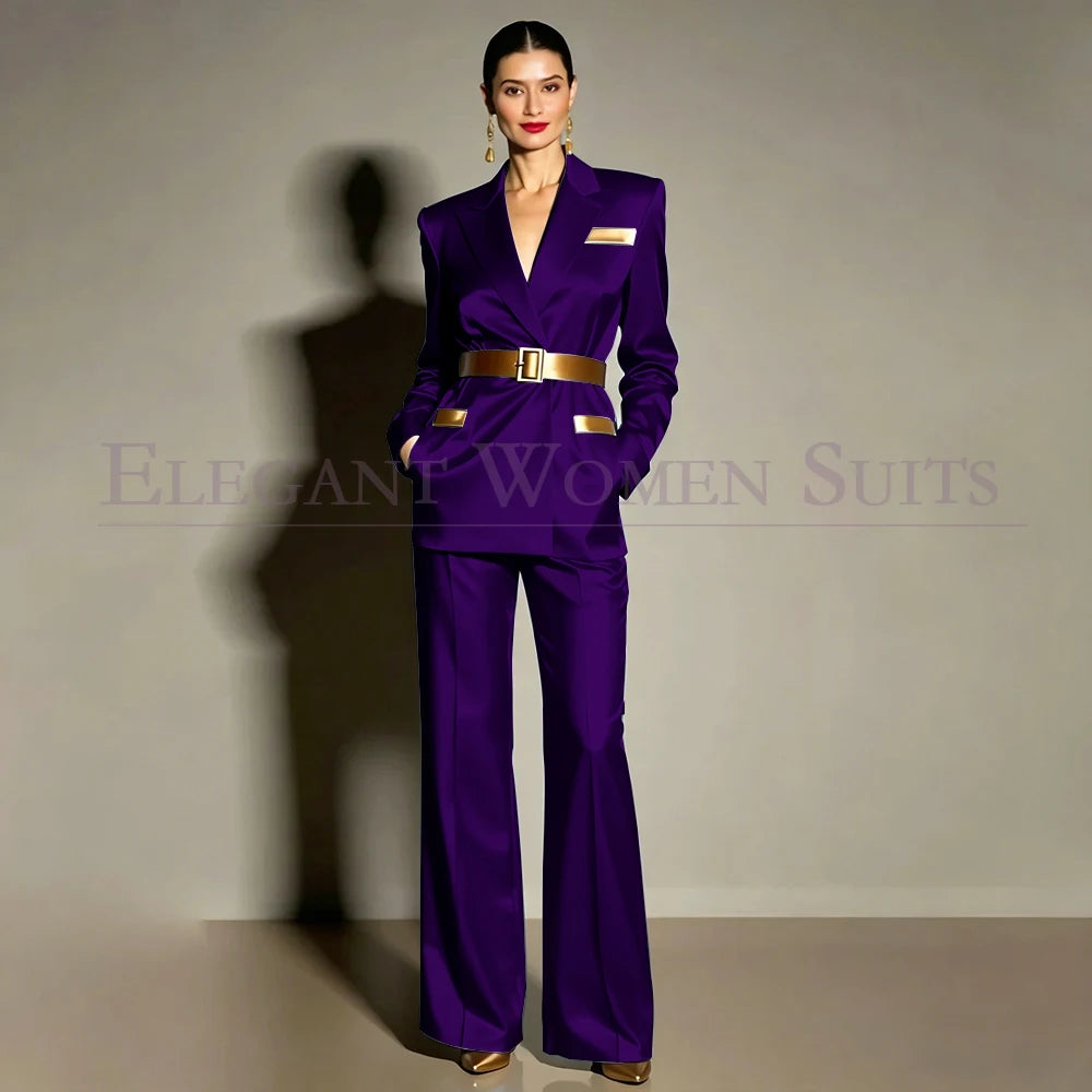 Evening Women's Suits Luxury Belt 2 Piece Jacket Pants Formal Party Regular Length Female Clothing High Quality Outfits
