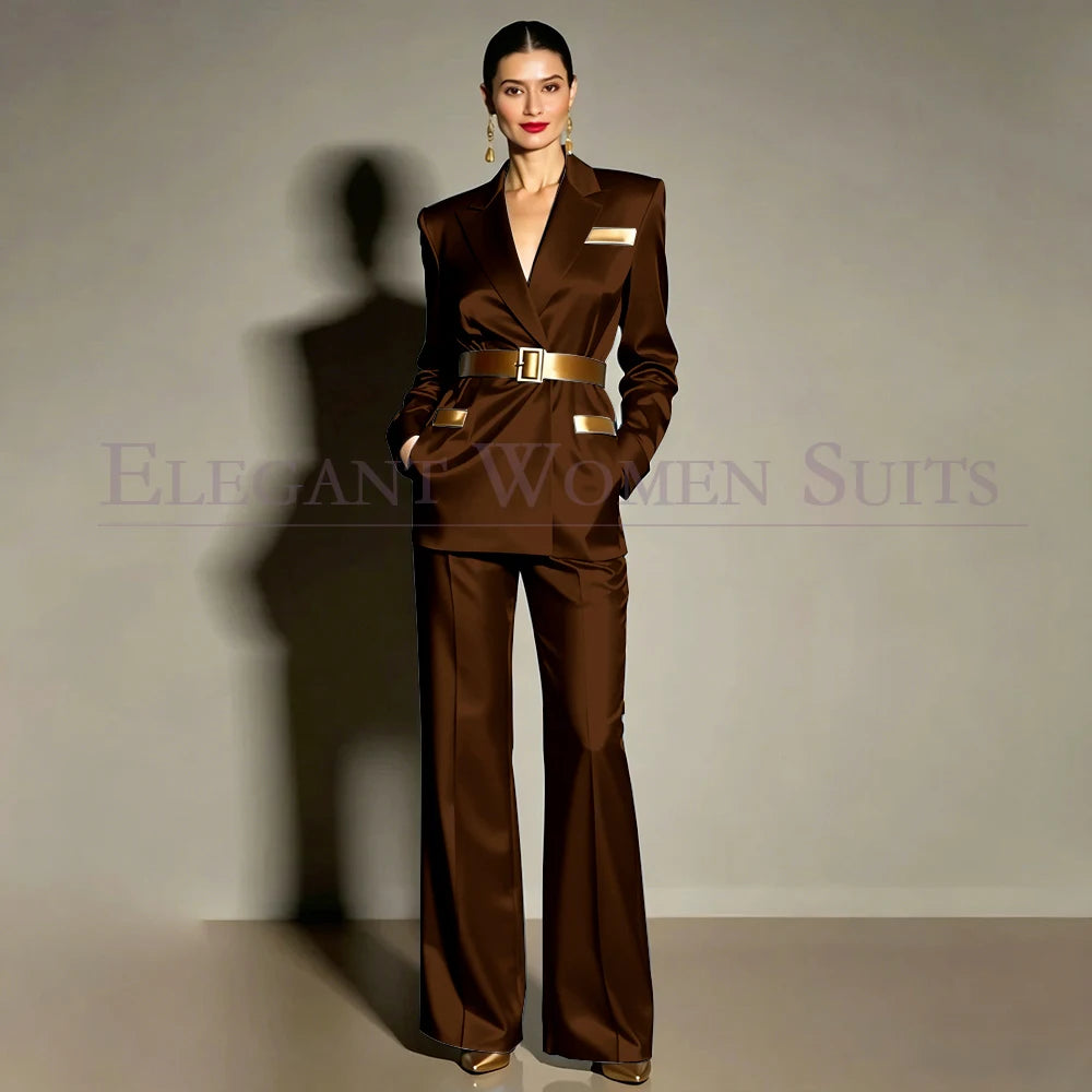 Evening Women's Suits Luxury Belt 2 Piece Jacket Pants Formal Party Regular Length Female Clothing High Quality Outfits
