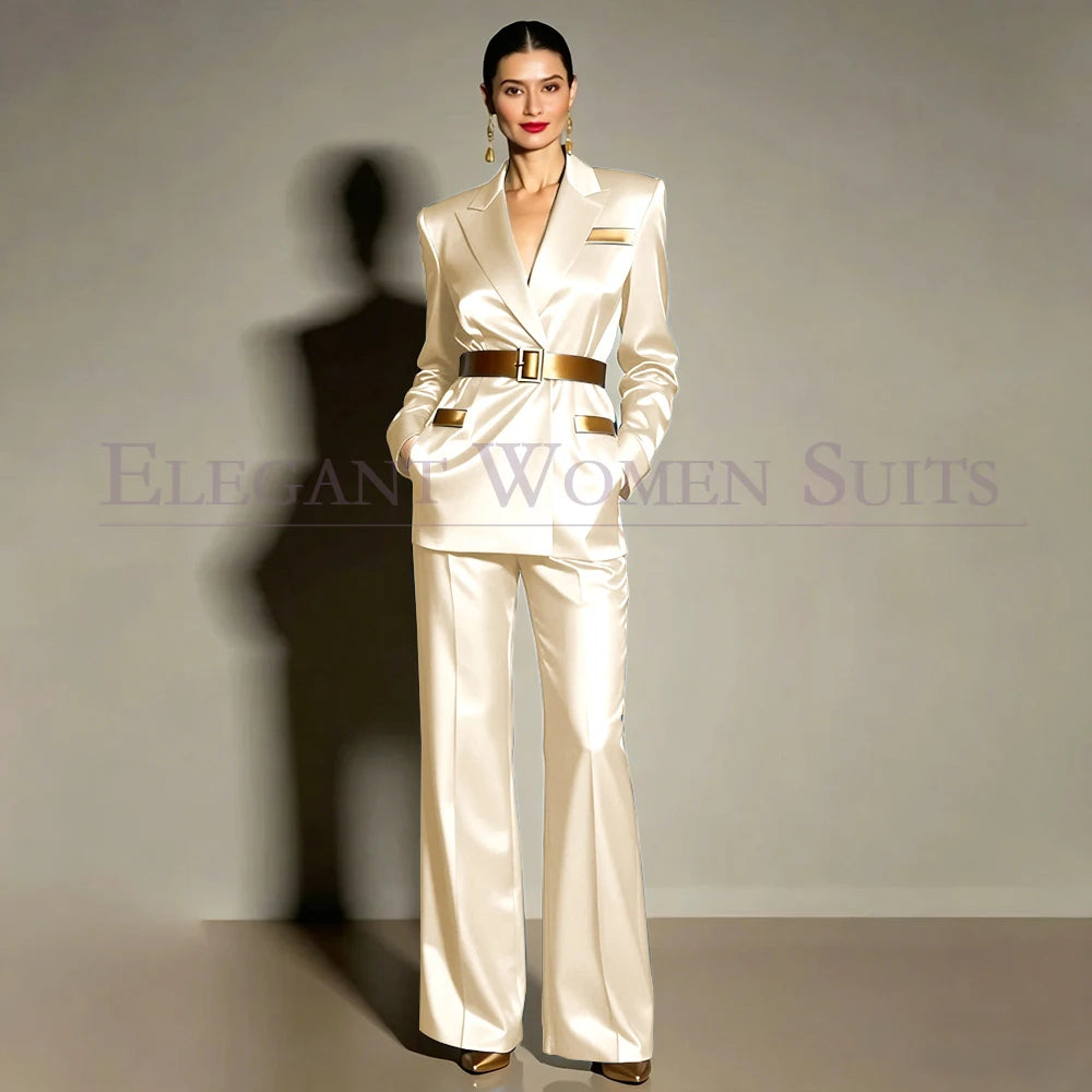 Evening Women's Suits Luxury Belt 2 Piece Jacket Pants Formal Party Regular Length Female Clothing High Quality Outfits