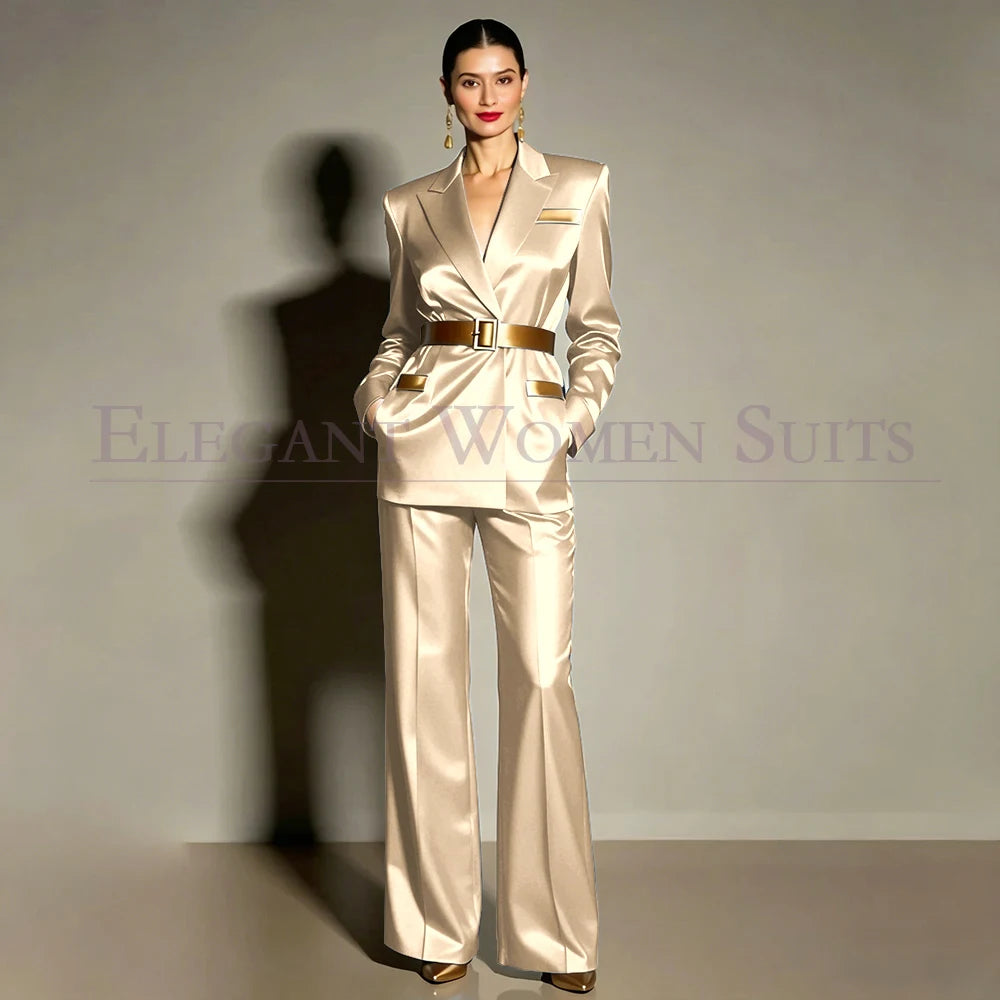 Evening Women's Suits Luxury Belt 2 Piece Jacket Pants Formal Party Regular Length Female Clothing High Quality Outfits