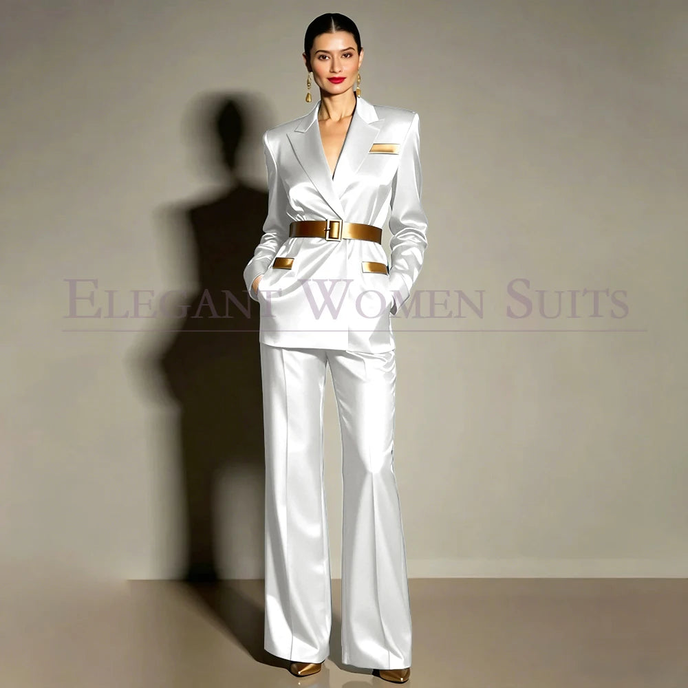 Evening Women's Suits Luxury Belt 2 Piece Jacket Pants Formal Party Regular Length Female Clothing High Quality Outfits