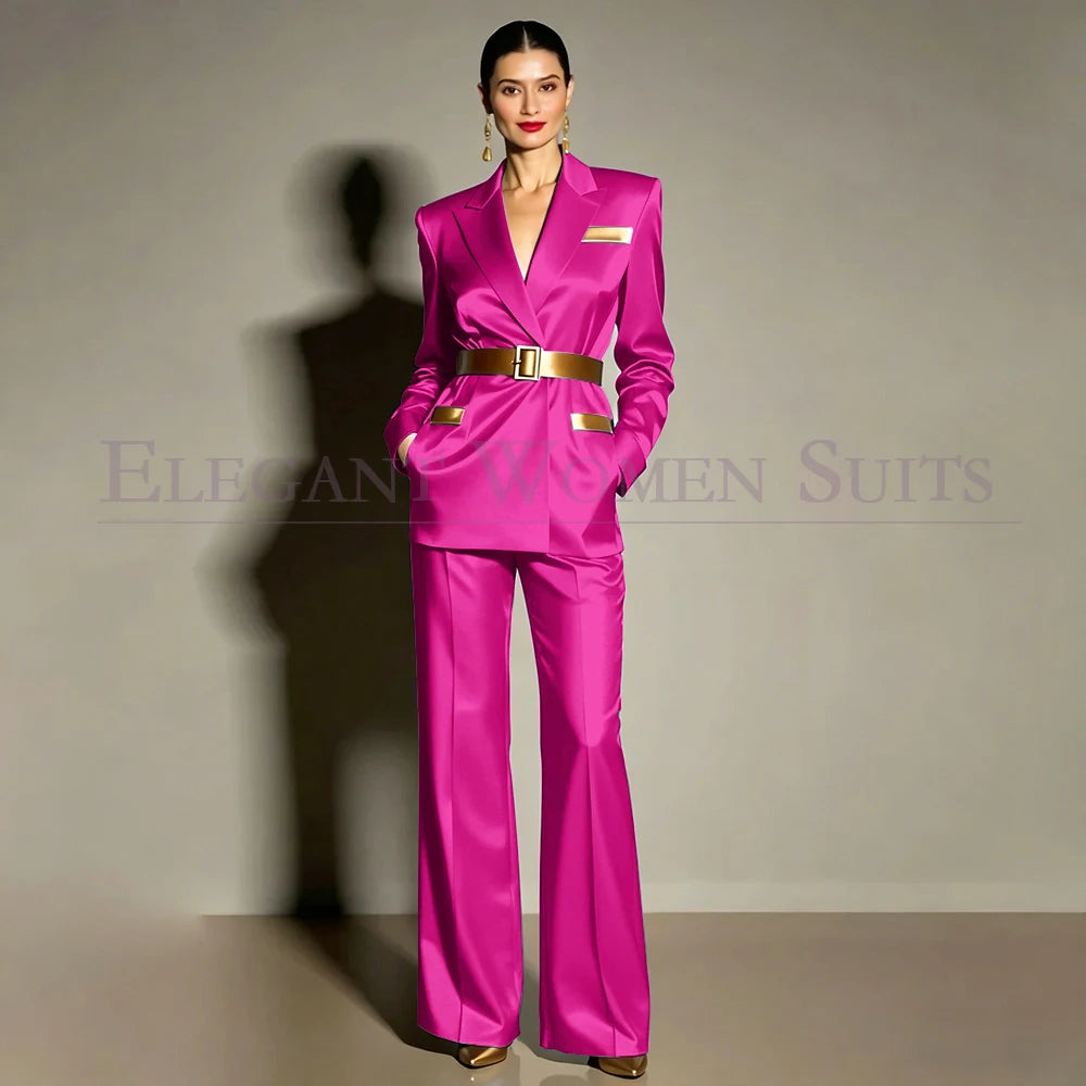 Evening Women's Suits Luxury Belt 2 Piece Jacket Pants Formal Party Regular Length Female Clothing High Quality Outfits