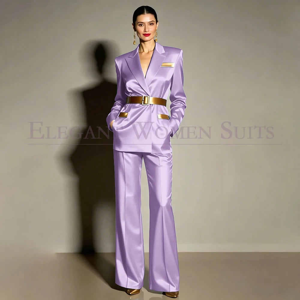Evening Women's Suits Luxury Belt 2 Piece Jacket Pants Formal Party Regular Length Female Clothing High Quality Outfits