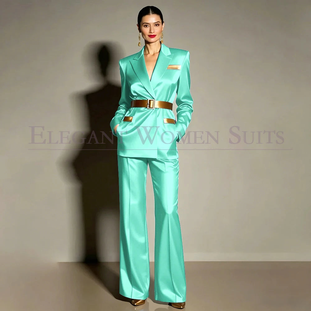 Evening Women's Suits Luxury Belt 2 Piece Jacket Pants Formal Party Regular Length Female Clothing High Quality Outfits