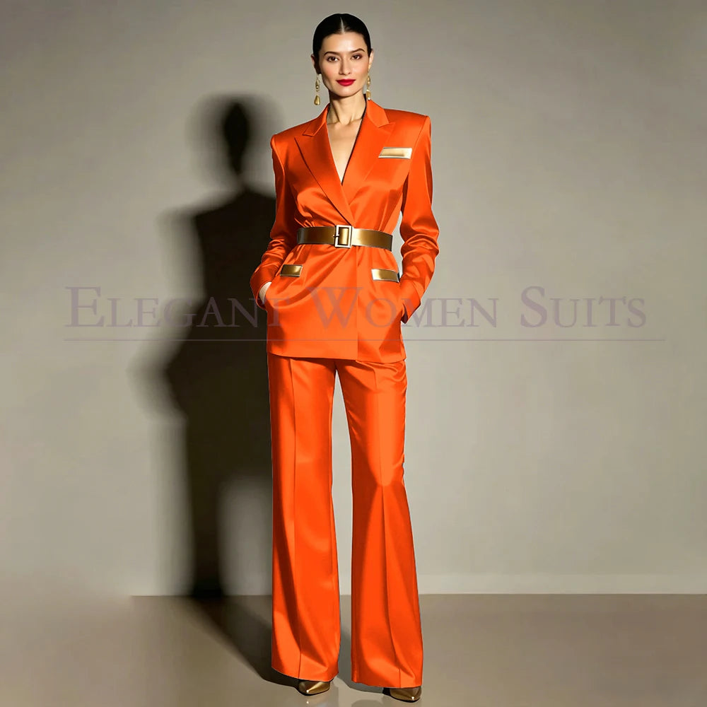 Evening Women's Suits Luxury Belt 2 Piece Jacket Pants Formal Party Regular Length Female Clothing High Quality Outfits