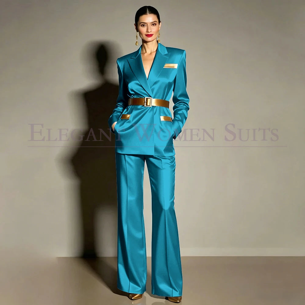 Evening Women's Suits Luxury Belt 2 Piece Jacket Pants Formal Party Regular Length Female Clothing High Quality Outfits