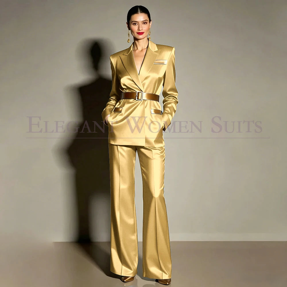 Evening Women's Suits Luxury Belt 2 Piece Jacket Pants Formal Party Regular Length Female Clothing High Quality Outfits