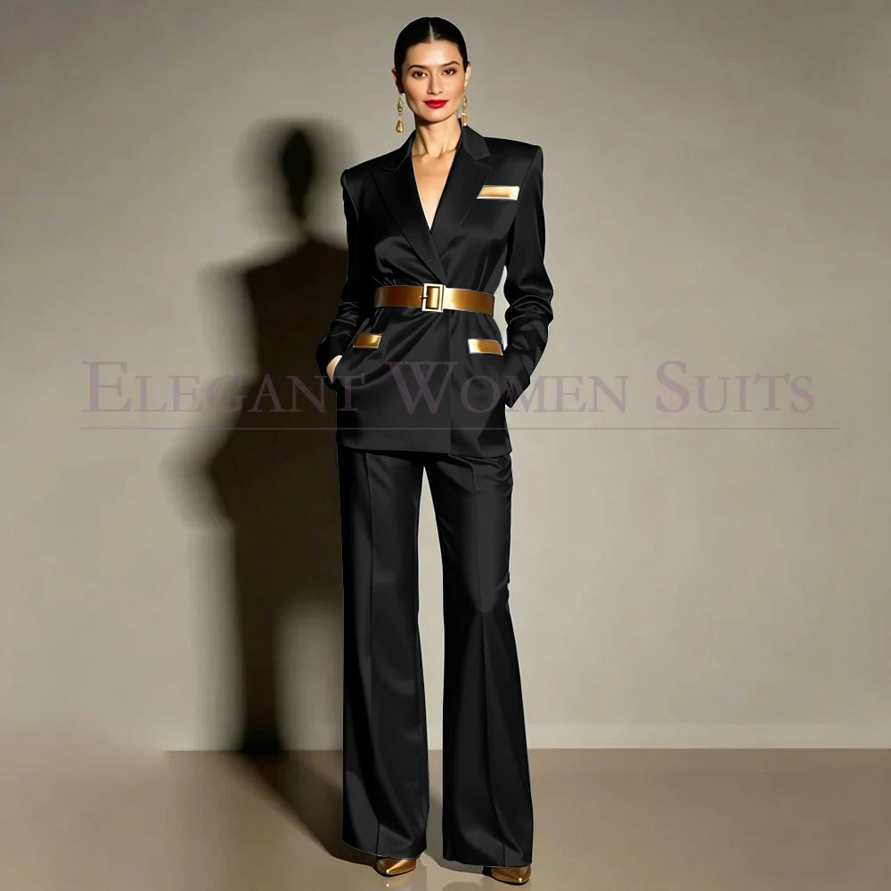Evening Women's Suits Luxury Belt 2 Piece Jacket Pants Formal Party Regular Length Female Clothing High Quality Outfits