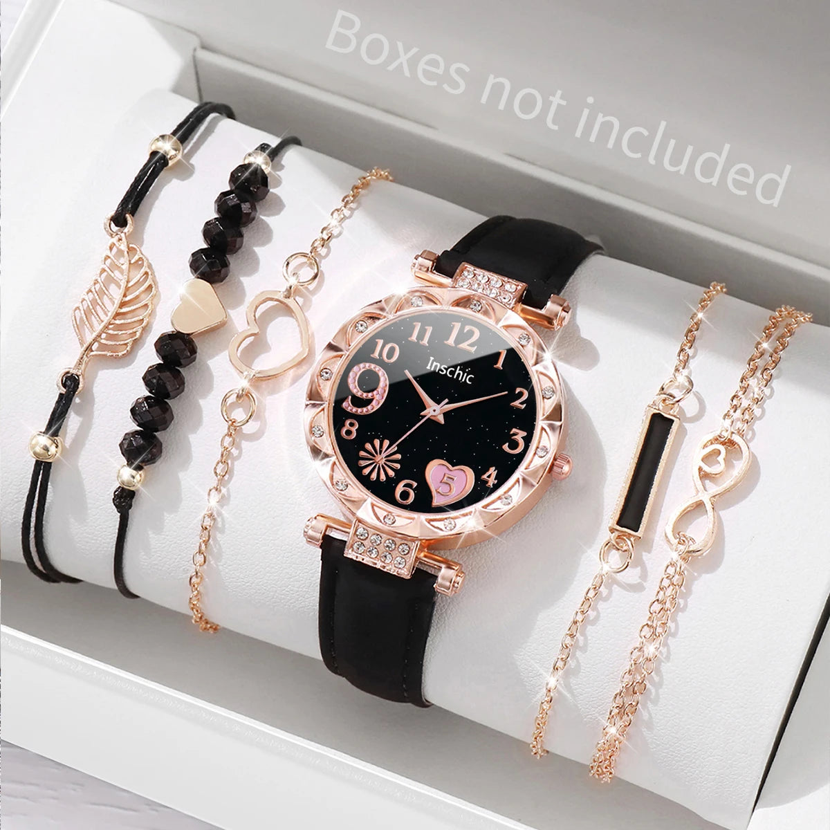 Coffret Cadeau Femme – Montre Élégante + 5 Bracelets Dorés – 6 Pièces