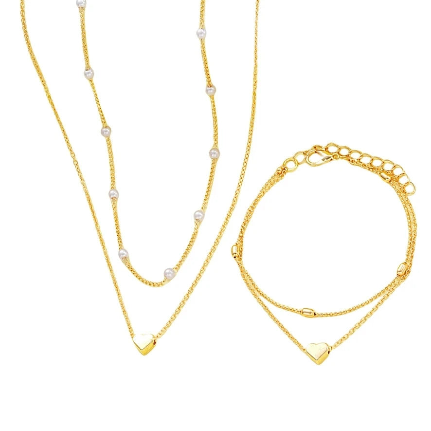 Ensemble Collier & Bracelet Femme – Cœurs et Perles – Doré ou Argenté