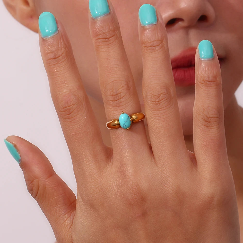 Bague Dorée Femme – Pierre Naturelle Turquoise & Lapis