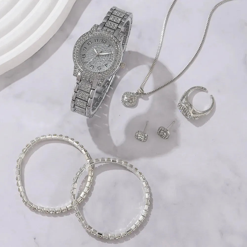 Coffret Montre Femme & Bijoux – Ensemble 6 Pièces Élégant et Scintillant