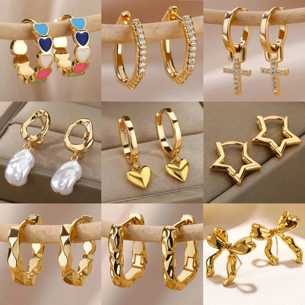 Boucles d’Oreilles Femme Dorées en Acier Inoxydable & Zircons – Élégantes et Tendance
