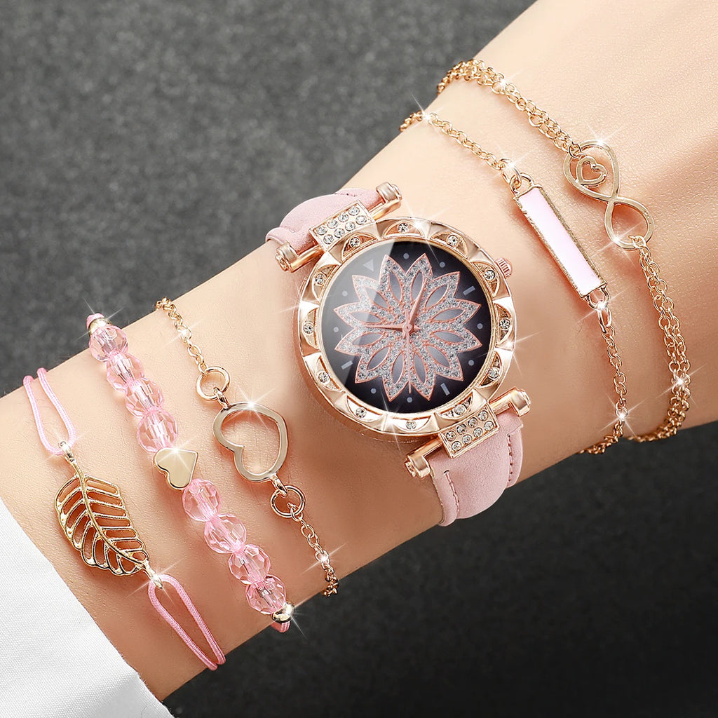 Coffret Cadeau Femme – Montre Élégante + 5 Bracelets Dorés – 6 Pièces