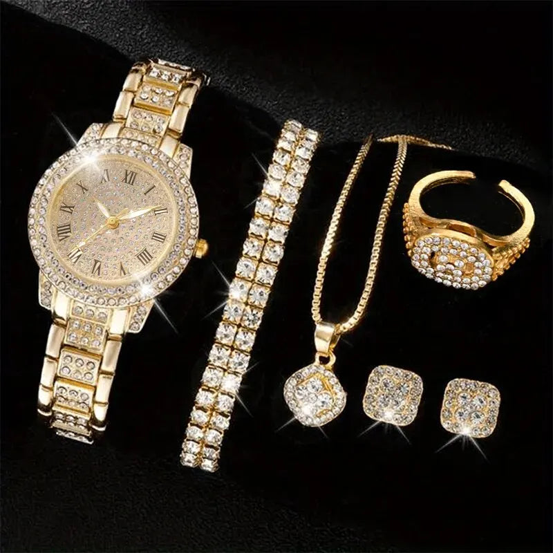 Coffret Montre Femme & Bijoux – Ensemble 6 Pièces Élégant et Scintillant
