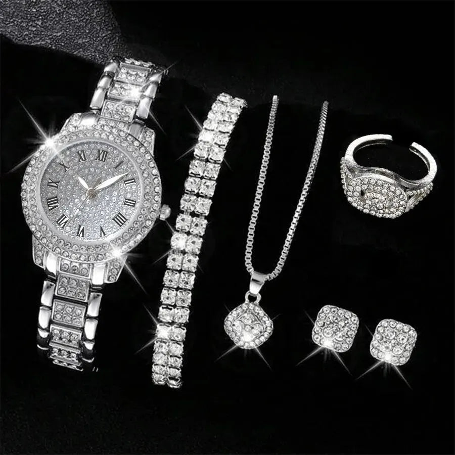 Coffret Montre Femme & Bijoux – Ensemble 6 Pièces Élégant et Scintillant