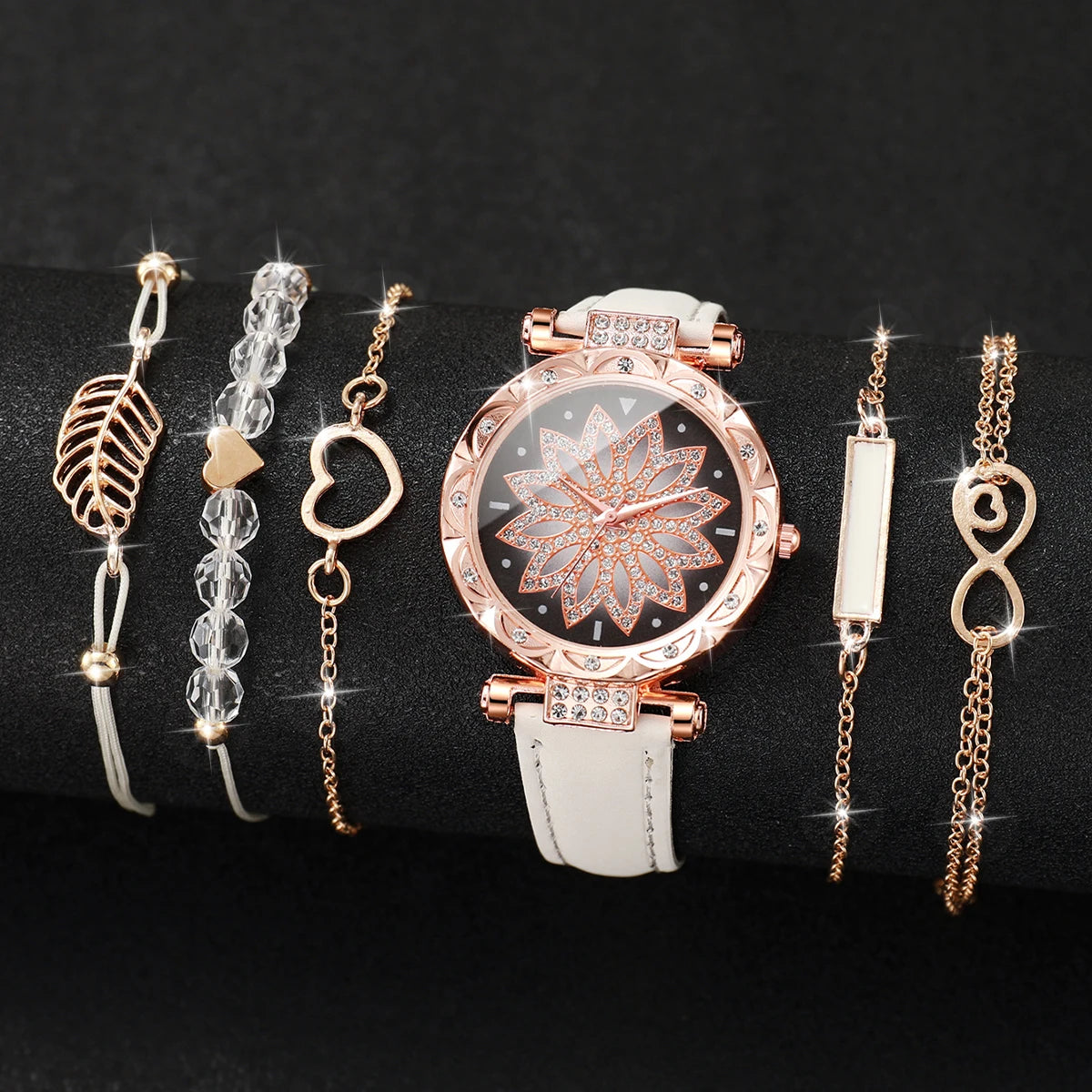 Coffret Cadeau Femme – Montre Élégante + 5 Bracelets Dorés – 6 Pièces