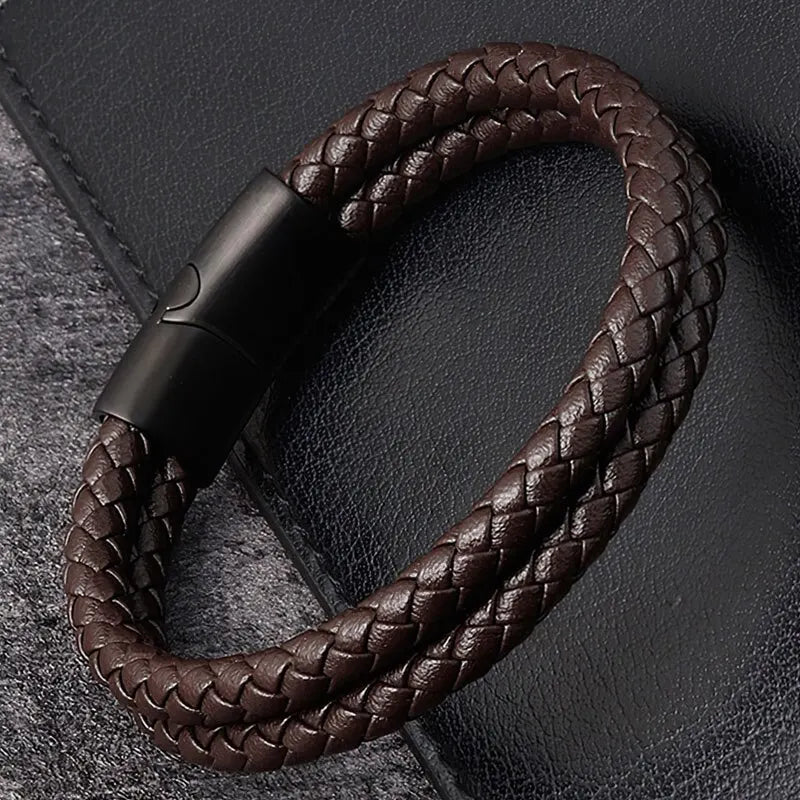 Bracelet Homme Tressé Effet Cuir – Style Élégant Marron 21 cm