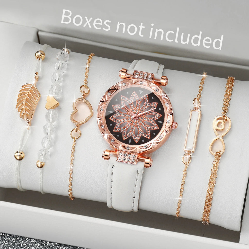 Coffret Cadeau Femme – Montre Élégante + 5 Bracelets Dorés – 6 Pièces
