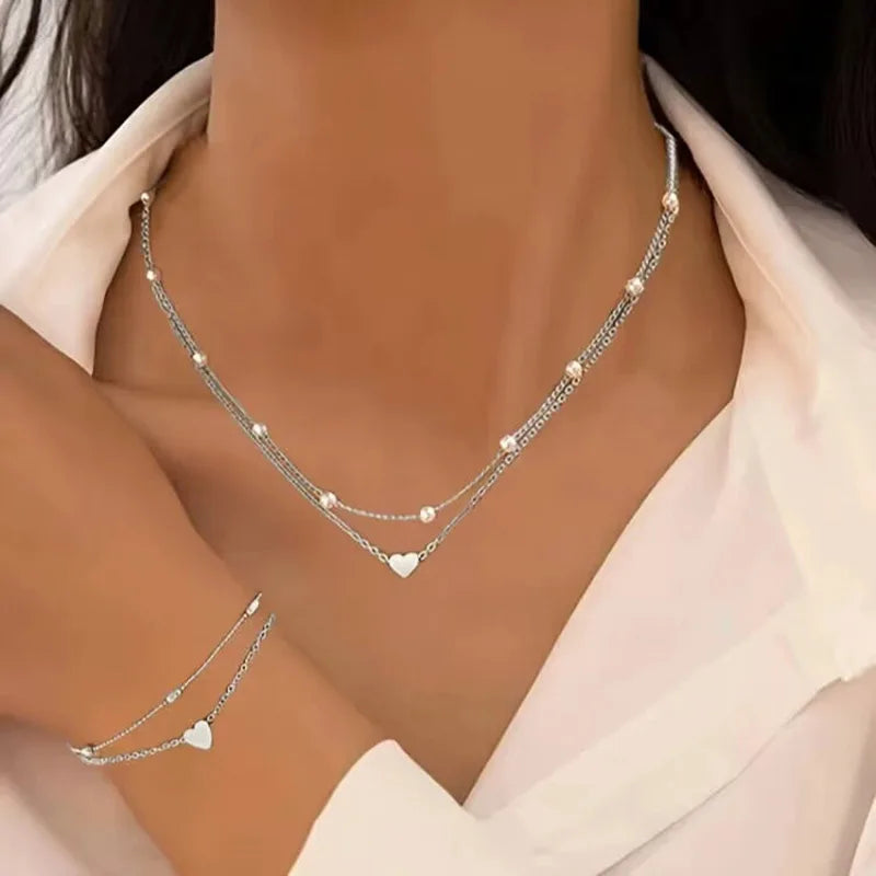 Ensemble Collier & Bracelet Femme – Cœurs et Perles – Doré ou Argenté