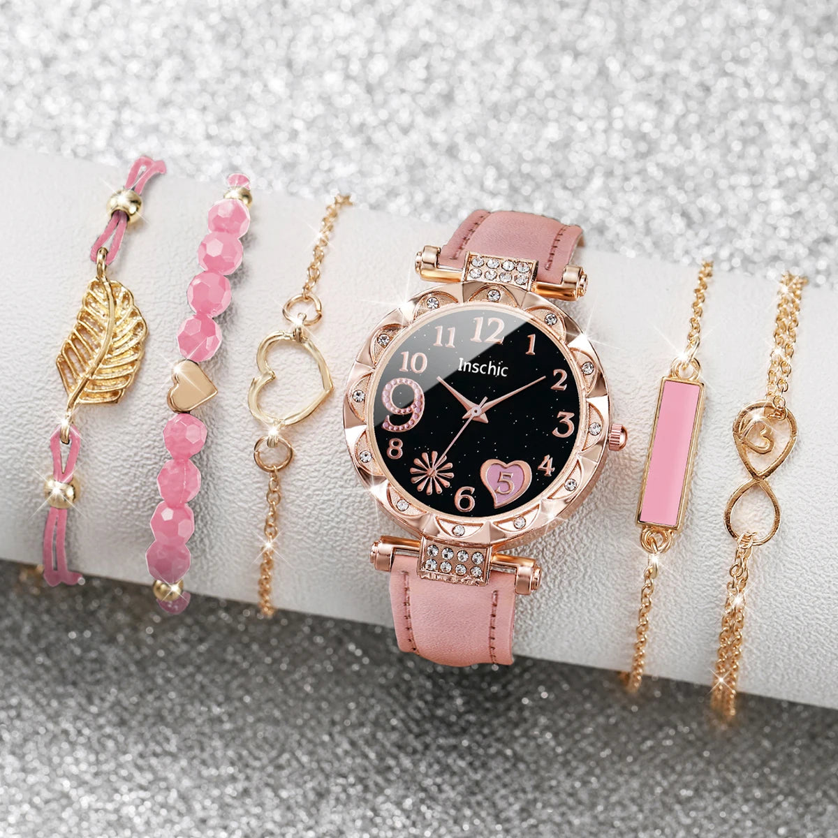 Coffret Cadeau Femme – Montre Élégante + 5 Bracelets Dorés – 6 Pièces