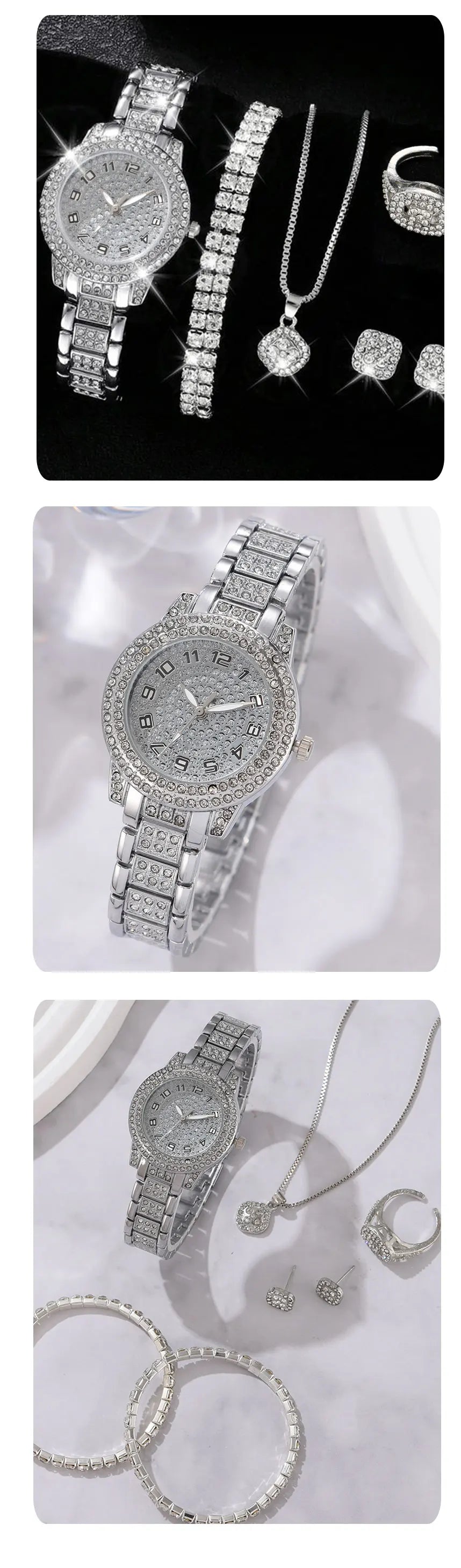 Coffret Montre Femme & Bijoux – Ensemble 6 Pièces Élégant et Scintillant