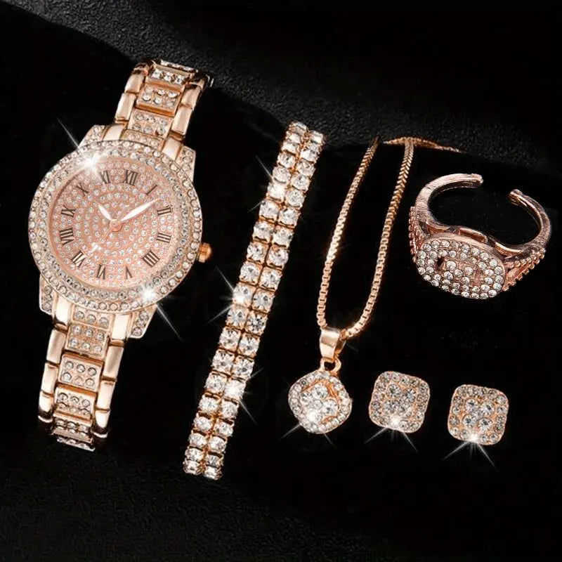 Coffret Montre Femme & Bijoux – Ensemble 6 Pièces Élégant et Scintillant