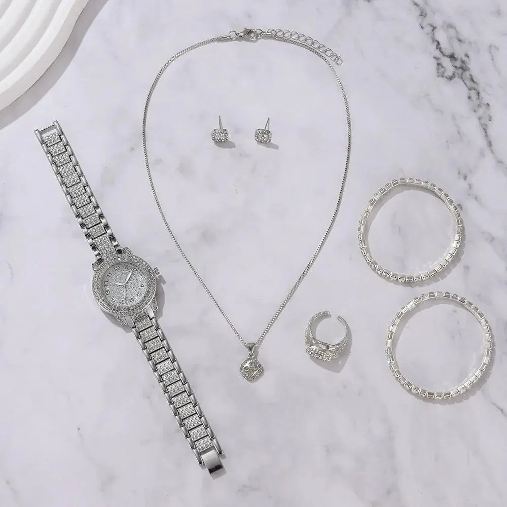 Coffret Montre Femme & Bijoux – Ensemble 6 Pièces Élégant et Scintillant