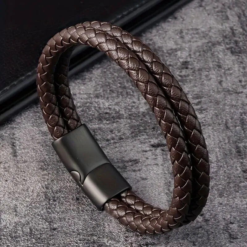 Bracelet Homme Tressé Effet Cuir – Style Élégant Marron 21 cm