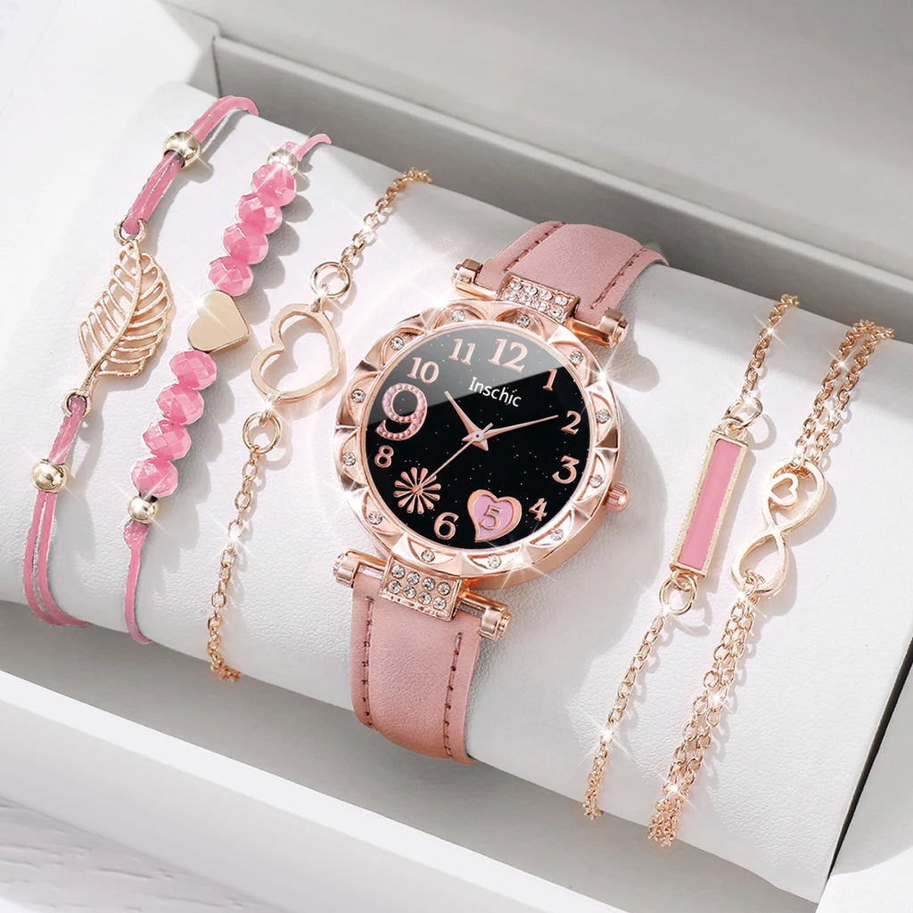 Coffret Cadeau Femme – Montre Élégante + 5 Bracelets Dorés – 6 Pièces