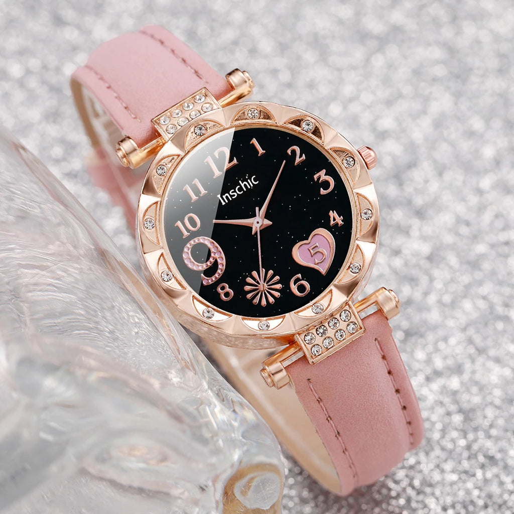 Coffret Cadeau Femme – Montre Élégante + 5 Bracelets Dorés – 6 Pièces