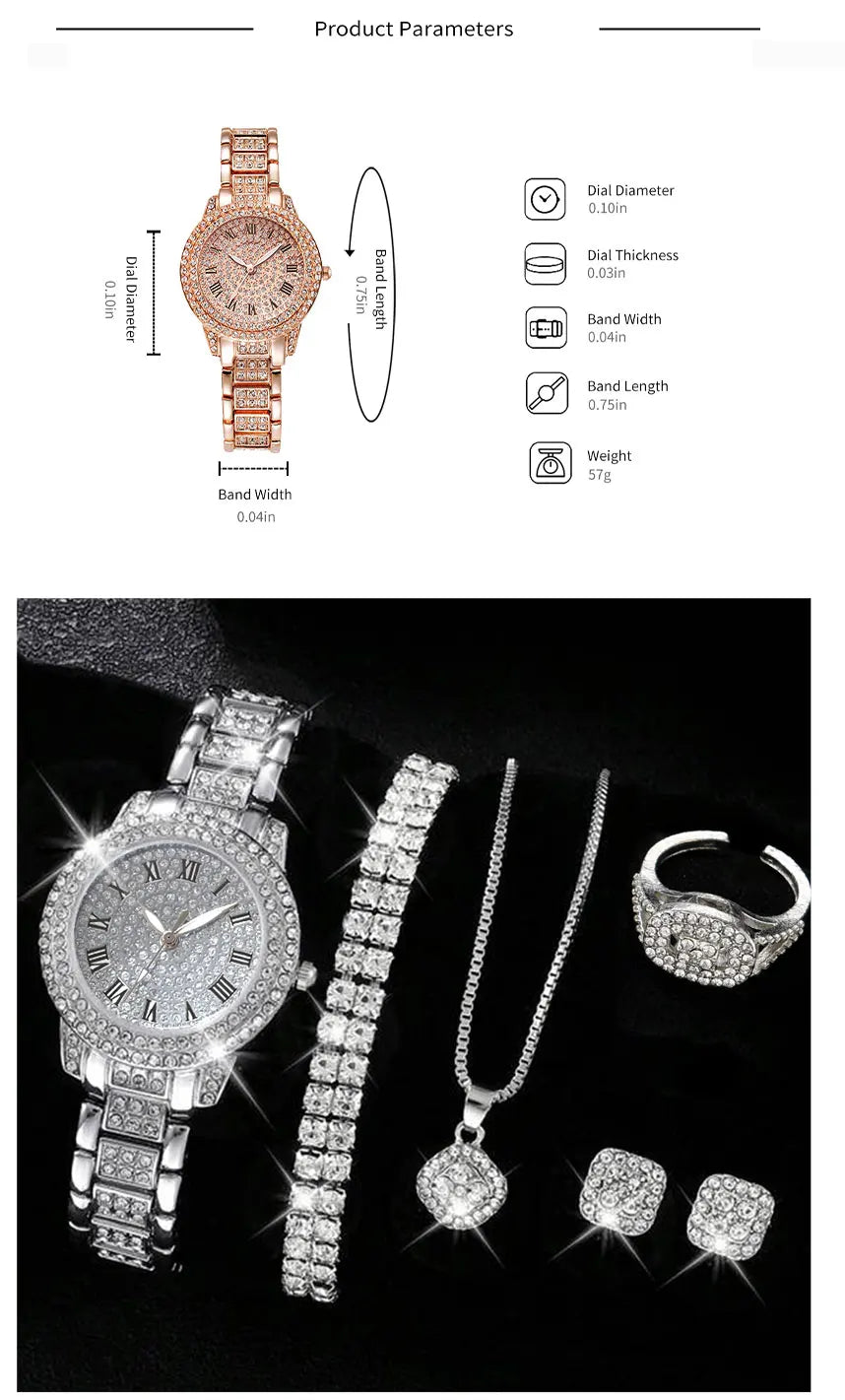 Coffret Montre Femme & Bijoux – Ensemble 6 Pièces Élégant et Scintillant