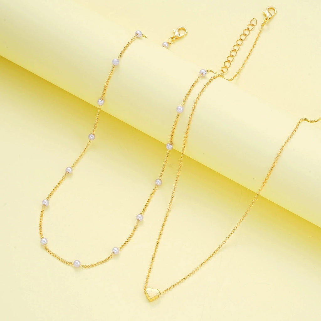 Ensemble Collier & Bracelet Femme – Cœurs et Perles – Doré ou Argenté