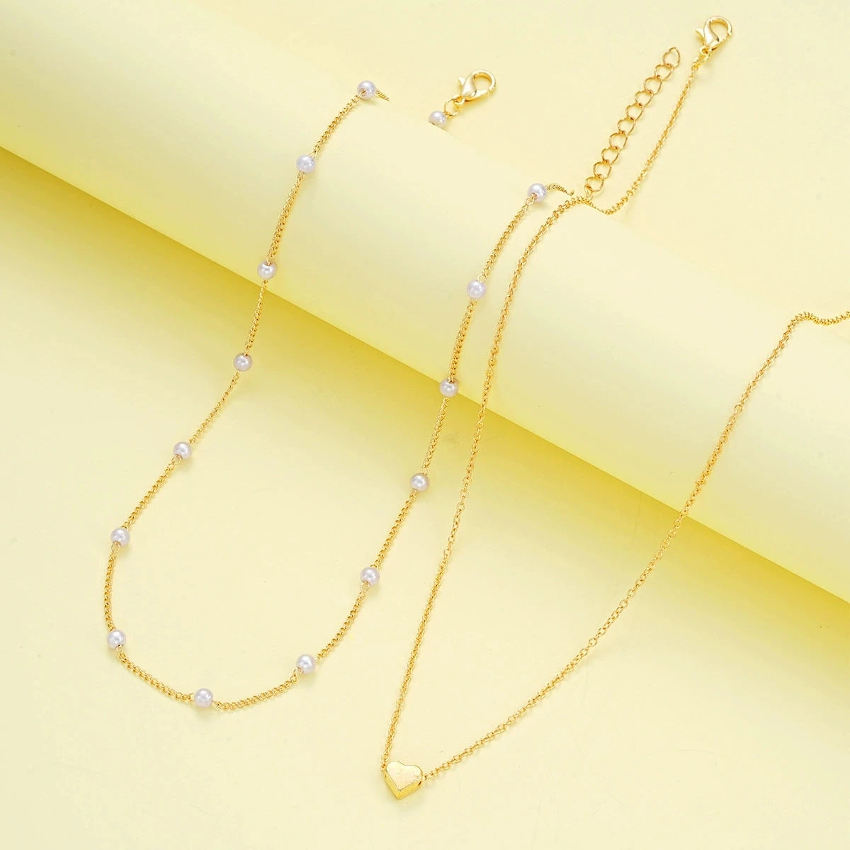 Ensemble Collier & Bracelet Femme – Cœurs et Perles – Doré ou Argenté