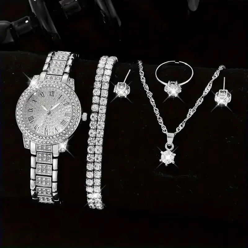 Coffret Montre Femme & Bijoux – Ensemble 6 Pièces Élégant et Scintillant
