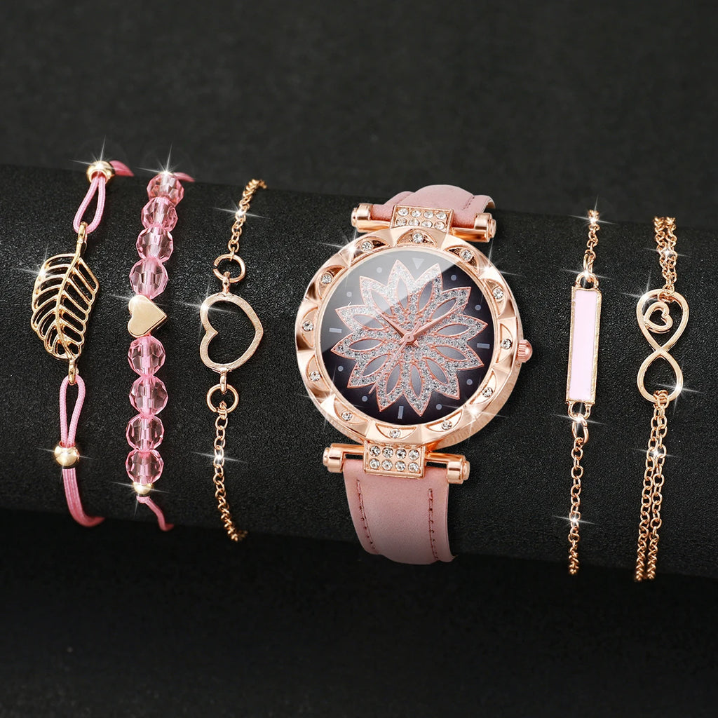 Coffret Cadeau Femme – Montre Élégante + 5 Bracelets Dorés – 6 Pièces