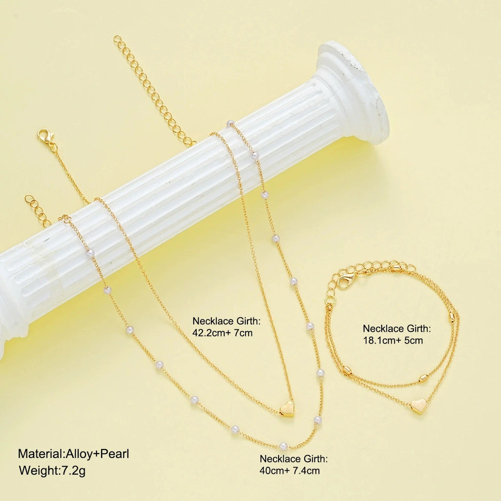 Ensemble Collier & Bracelet Femme – Cœurs et Perles – Doré ou Argenté