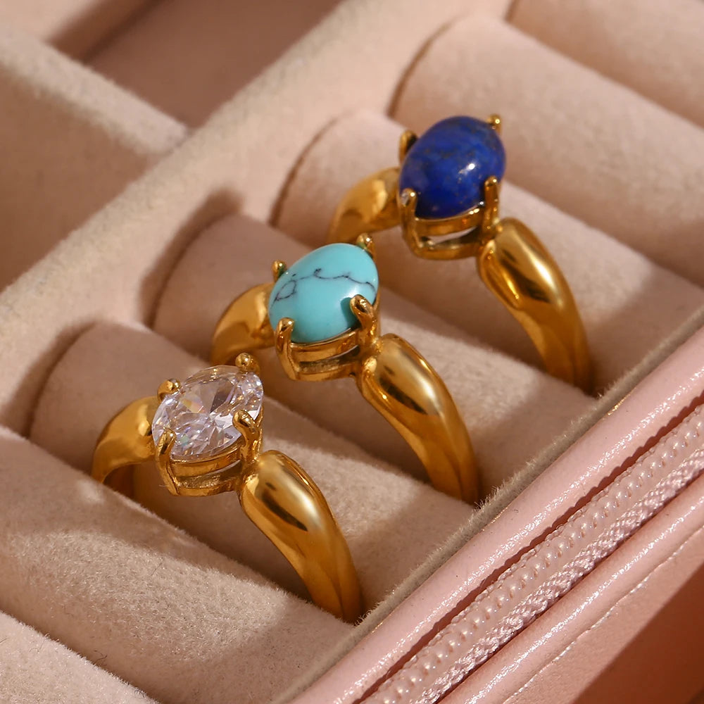Bague Dorée Femme – Pierre Naturelle Turquoise & Lapis