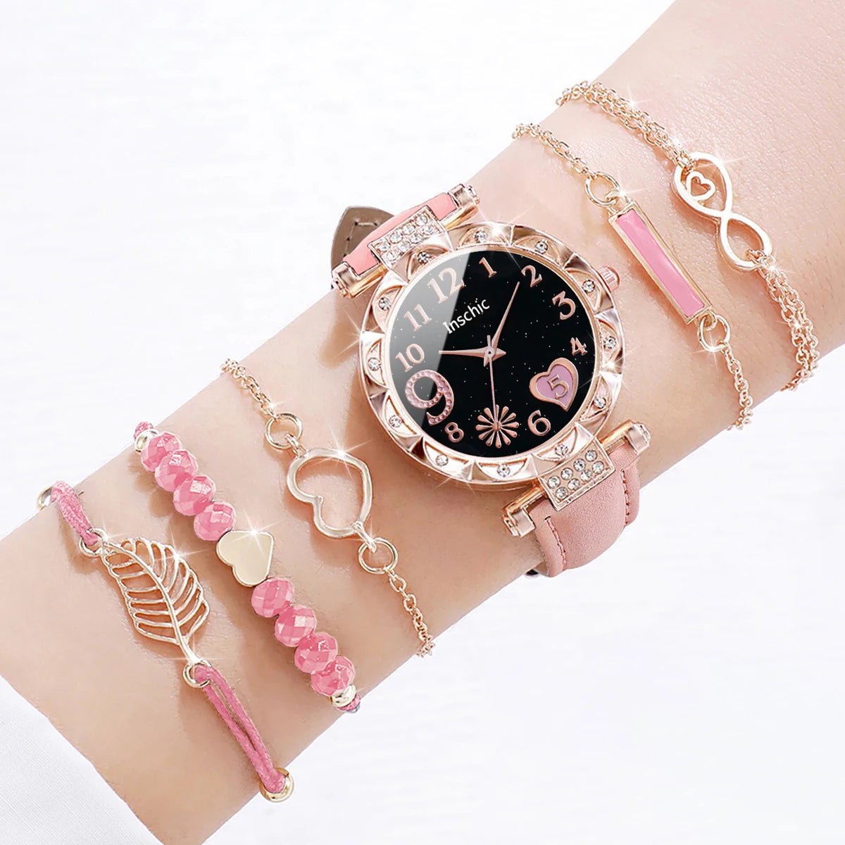 Coffret Cadeau Femme – Montre Élégante + 5 Bracelets Dorés – 6 Pièces