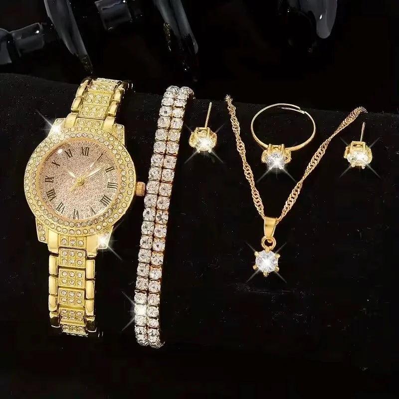 Coffret Montre Femme & Bijoux – Ensemble 6 Pièces Élégant et Scintillant