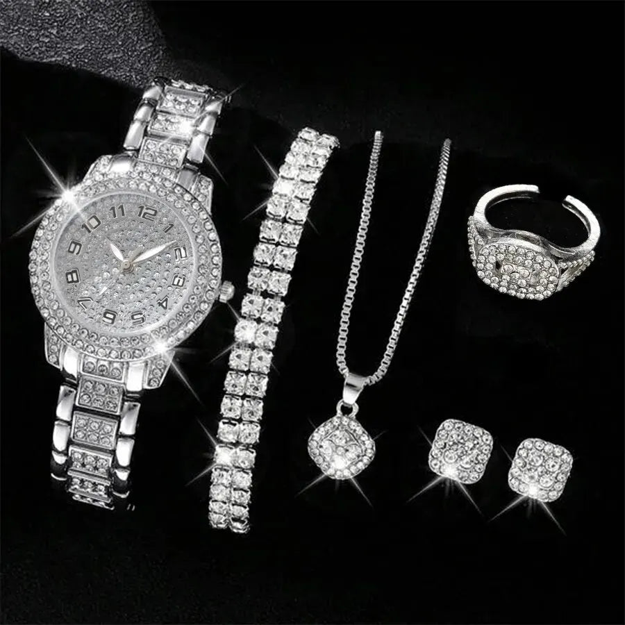Coffret Montre Femme & Bijoux – Ensemble 6 Pièces Élégant et Scintillant