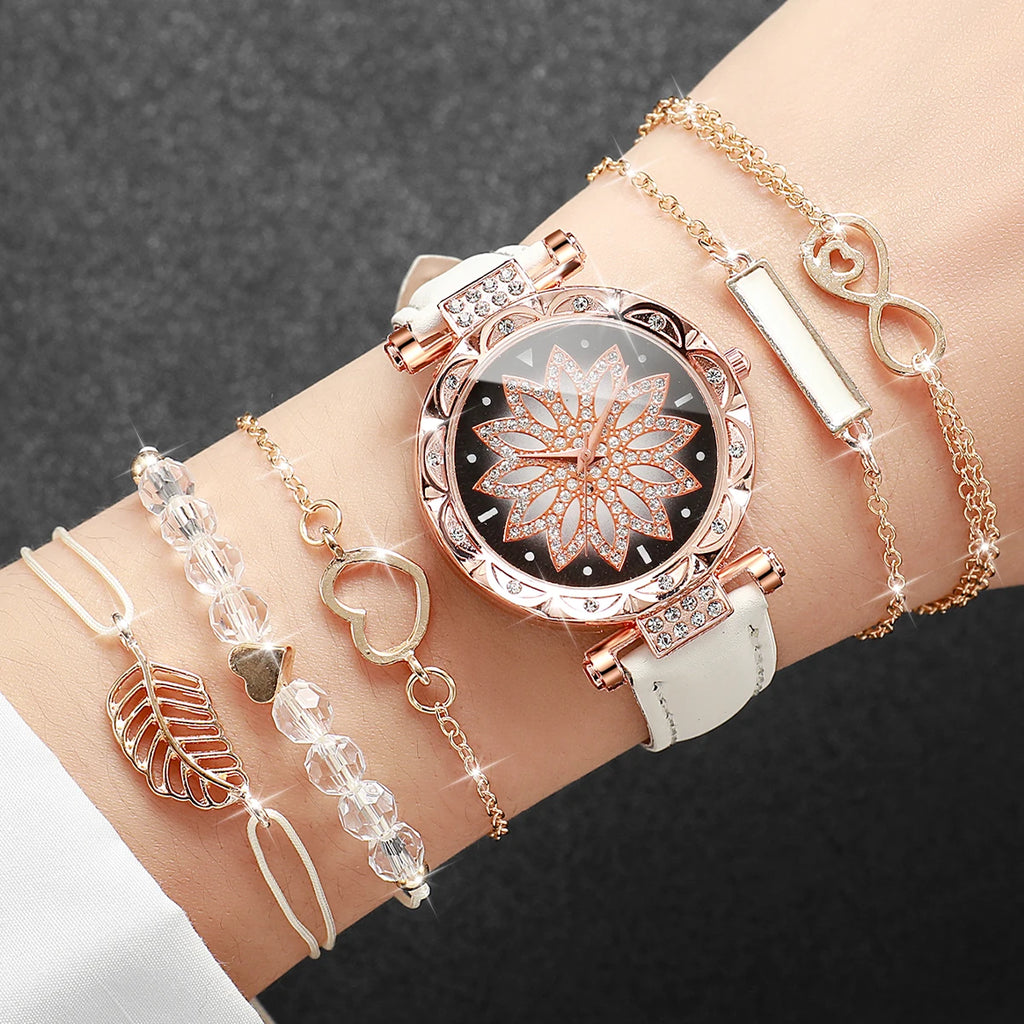 Coffret Cadeau Femme – Montre Élégante + 5 Bracelets Dorés – 6 Pièces