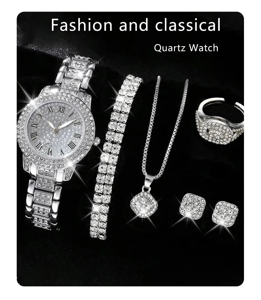 Coffret Montre Femme & Bijoux – Ensemble 6 Pièces Élégant et Scintillant