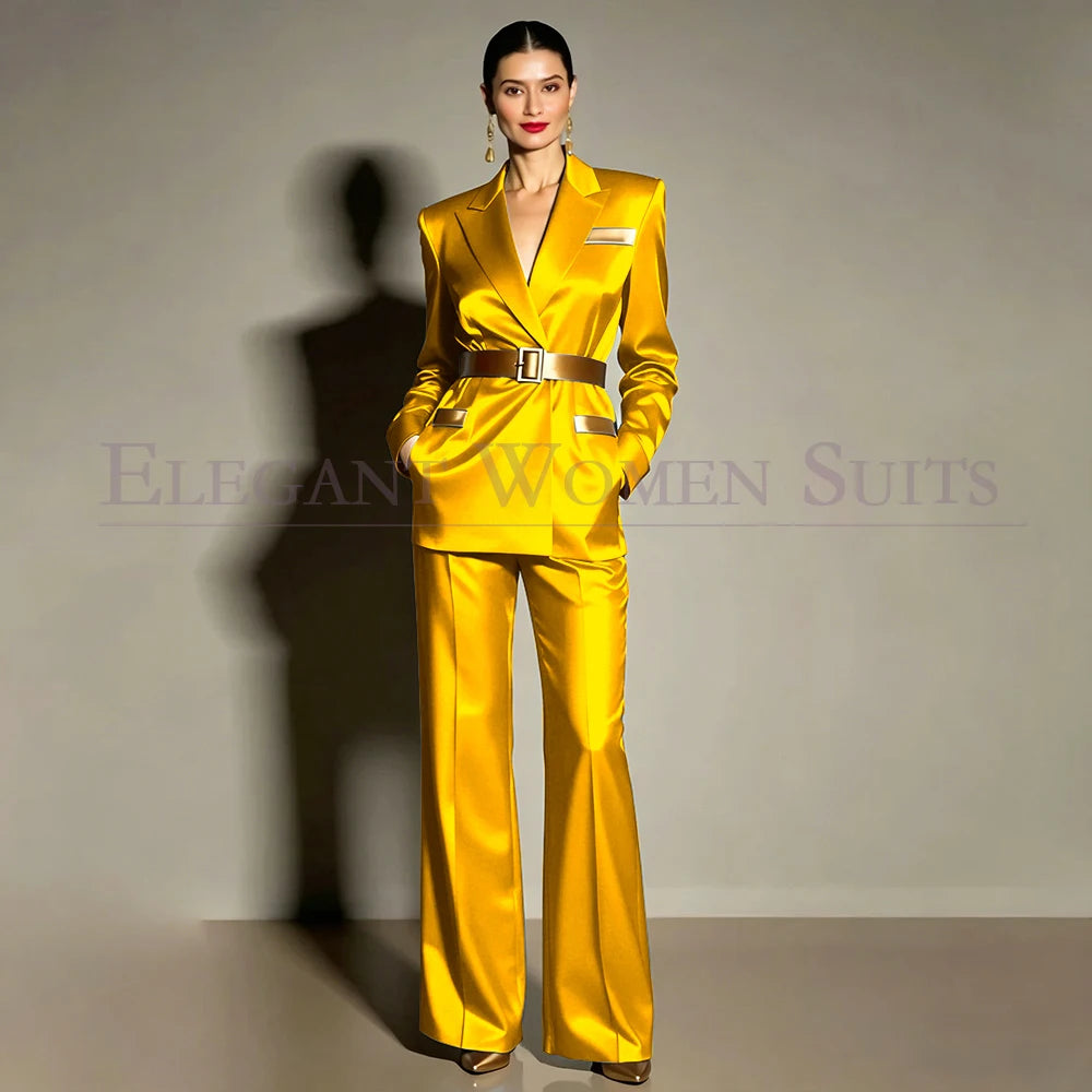 Evening Women's Suits Luxury Belt 2 Piece Jacket Pants Formal Party Regular Length Female Clothing High Quality Outfits