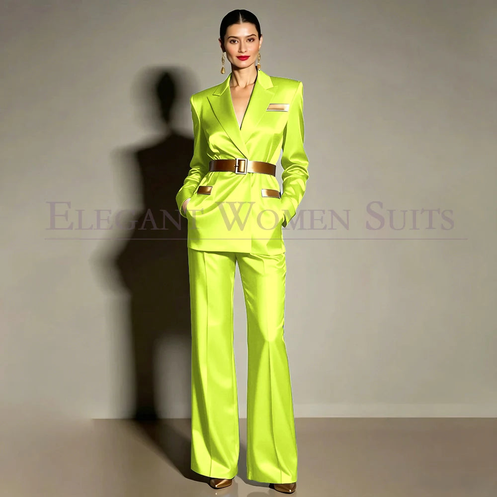 Evening Women's Suits Luxury Belt 2 Piece Jacket Pants Formal Party Regular Length Female Clothing High Quality Outfits