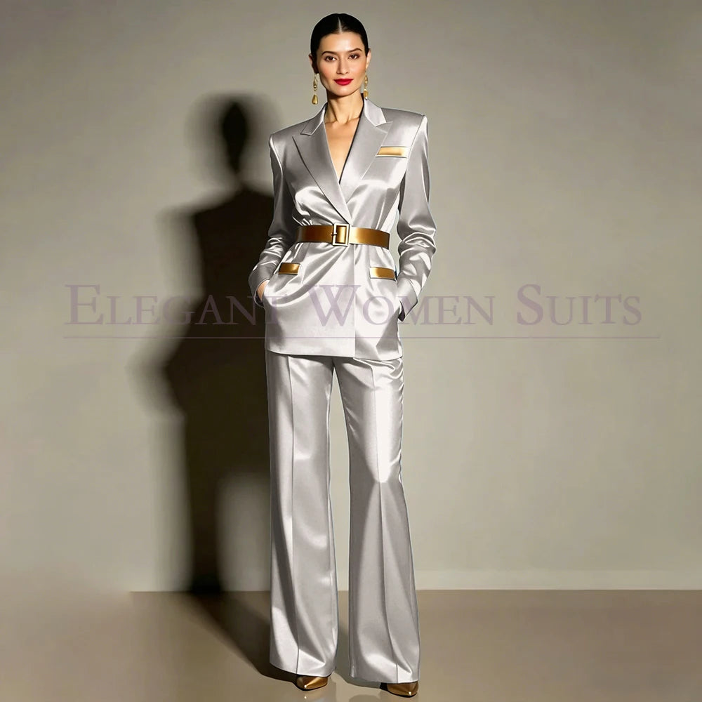 Evening Women's Suits Luxury Belt 2 Piece Jacket Pants Formal Party Regular Length Female Clothing High Quality Outfits