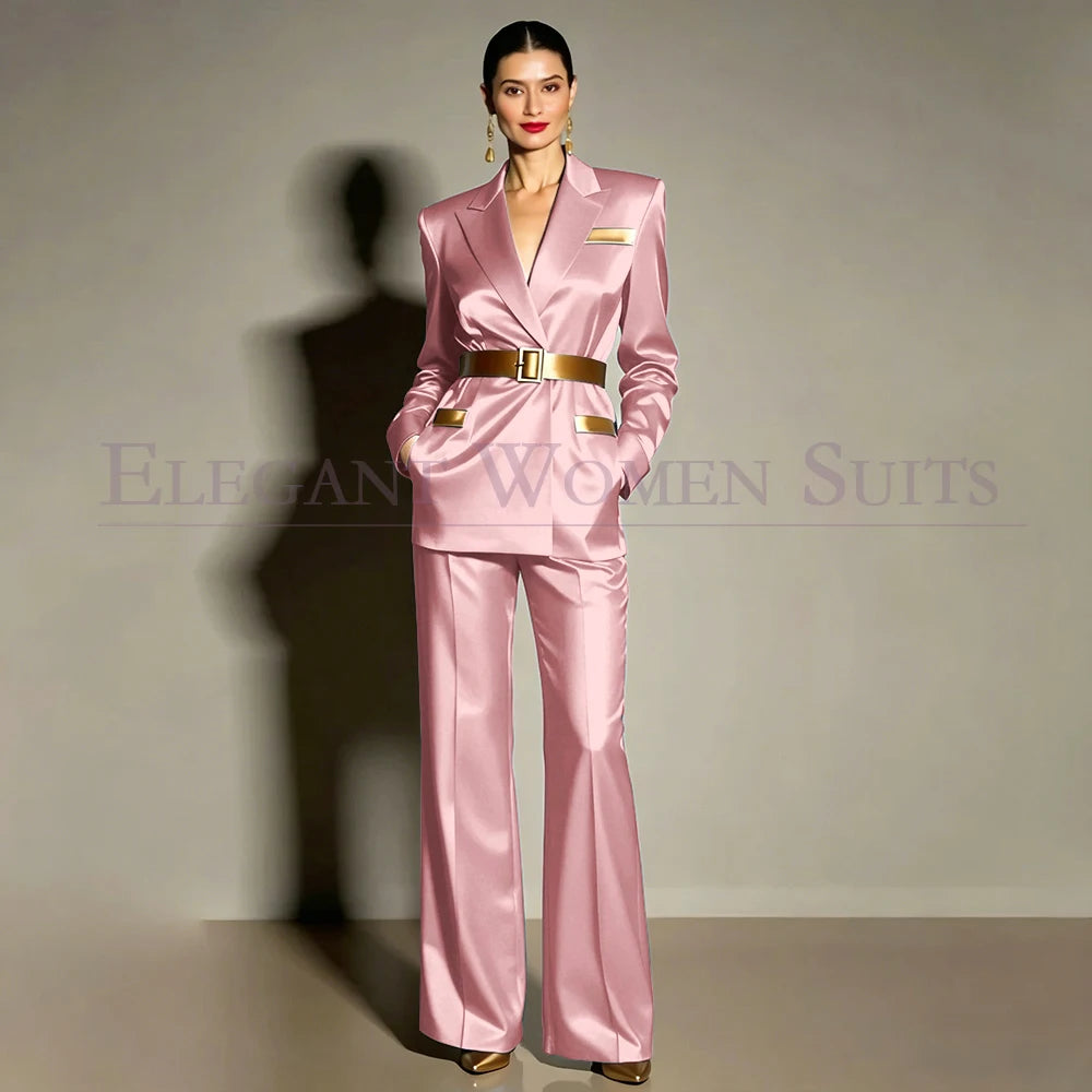 Evening Women's Suits Luxury Belt 2 Piece Jacket Pants Formal Party Regular Length Female Clothing High Quality Outfits